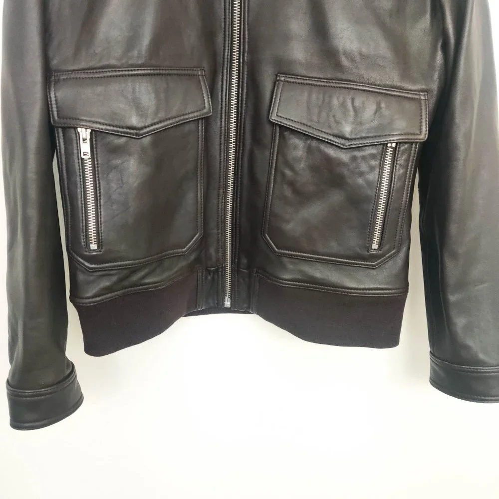 The Kooples Aviator Leather Bomber Jacket with Detachable Fur Collar in Brown XL